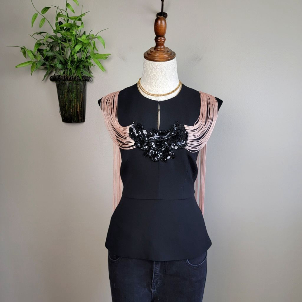 BCBGMaxAzria XXS Virginie Sleeveless Fringe Sequin Peplum Black Pink Top Blouse